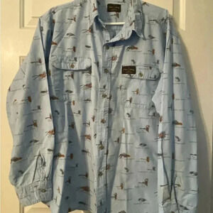 Vintage 90s Flint River‎ Fly Fishing Flies Print Blue Casual Button Down Shirt